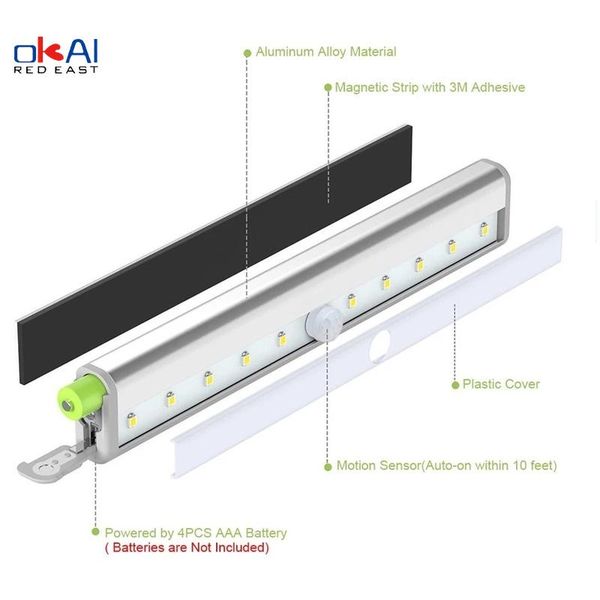 

cabinet light closet 10 led wireless battery smart body motion sensor usb night