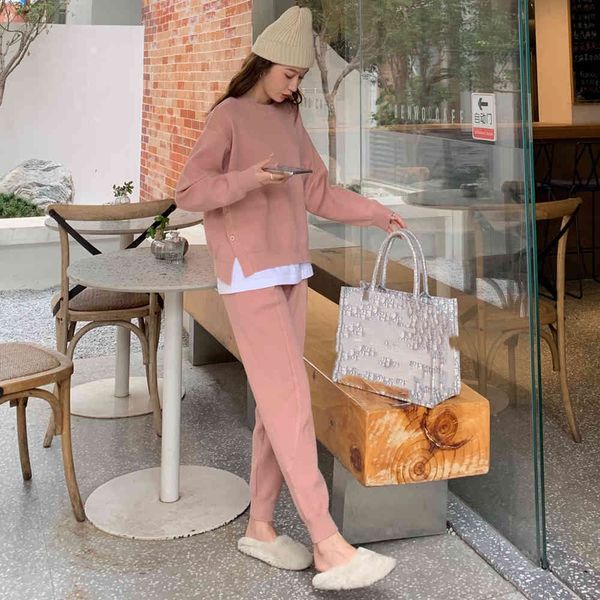 

tracksuits chic women sweater pullovers & elastic waist harem pants autumn winter female 2 pieces knitted set 7v89 un9e, Gray