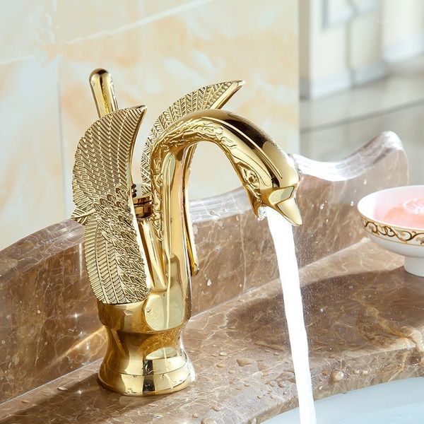 

bathroom sink faucets swan shape antique brass basin faucet and cold, copper retro mixer water tap golden+pipe1
