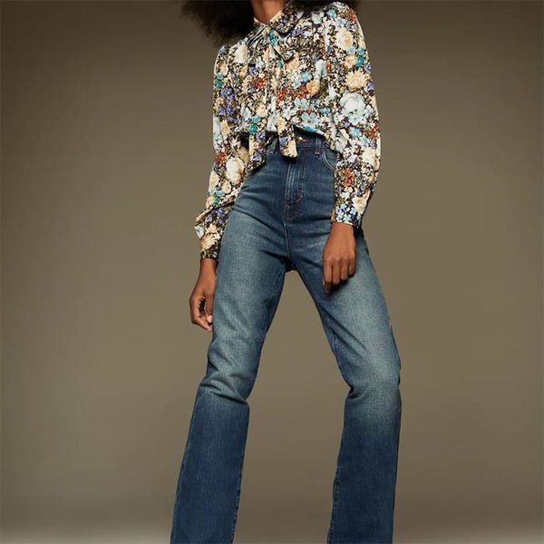 

fashion with bow tie womens shirt floral print cropped vintage long sleeve button up female shirts streetwear, White