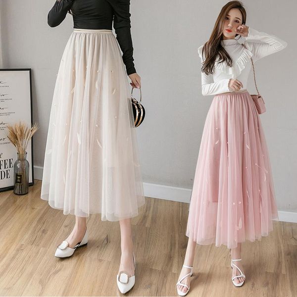 

summer long skirts high waist for women plus size korea style beautiful casual black solid 4 colors fashion print mesh skirt