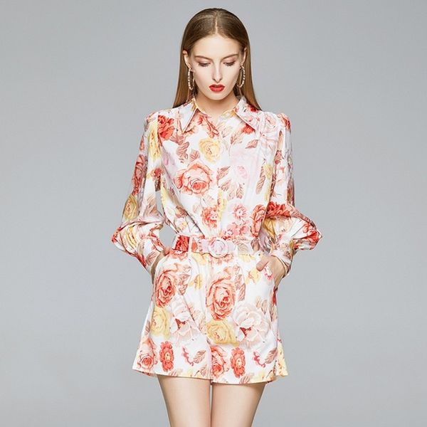 

summer holiday floral printed twinest 2 piece set lantern sleeve blouse shirt and pocket shorts mini pant with belt vocation 210529, White