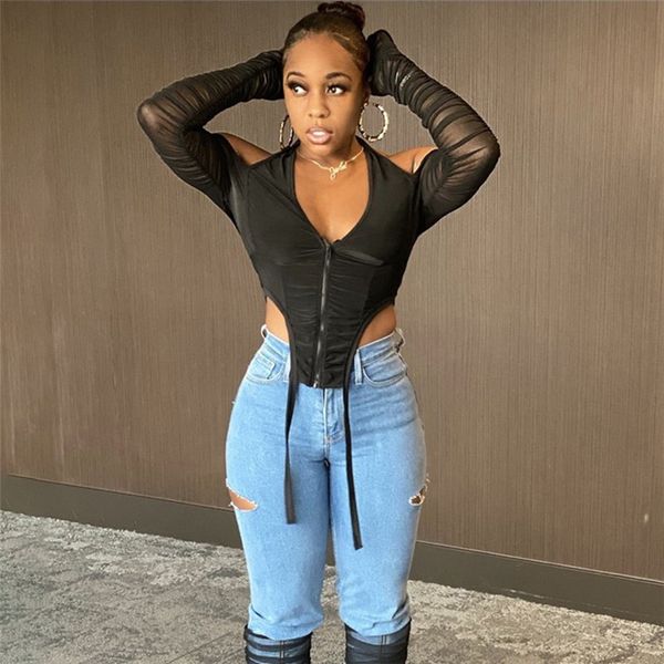 

long stacked sleeve halter zipper patchwork crop autumn winter women fashion streetwear tshitrs club tees 210518, White