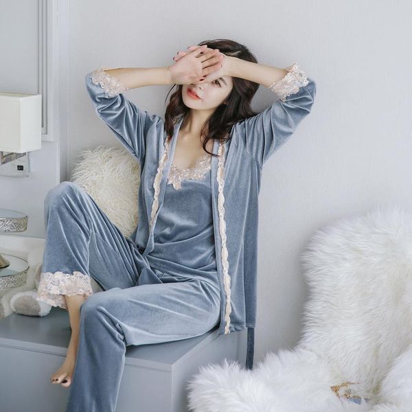

women's sleepwear pajamas gold velvet suspender trousers shortnightgown three-piece winter solid color v-neck lace homewear, Black;red