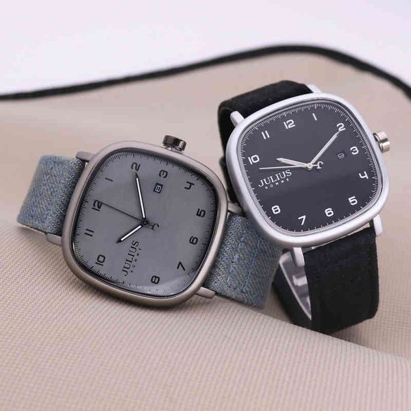 

new 4 colors auto date men's watch japan quartz man hours fine fashion real leather bracelet boy's gift julius box, Slivery;brown