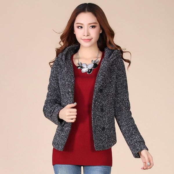 

women's wool & blends 2021 coat women autumn double breasted overcoat hat fashion slim woolen tweed fabric jackets short jacket female, Black