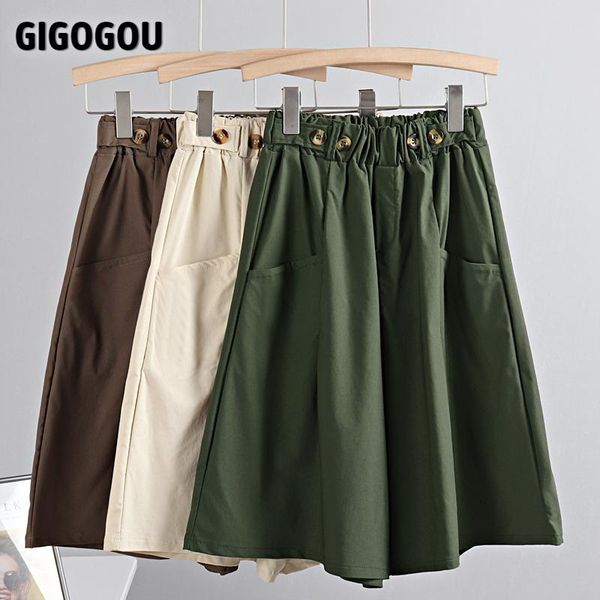 

big pocket women wide leg pant button elastic high waist loose pants skirts knee length fashion casual female capri women's & capris, Black;white