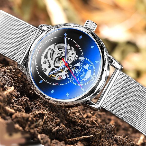 

classic silver openwork watches skeleton mens mechanical wristwatches automatic wrist watch gift for men, Slivery;brown