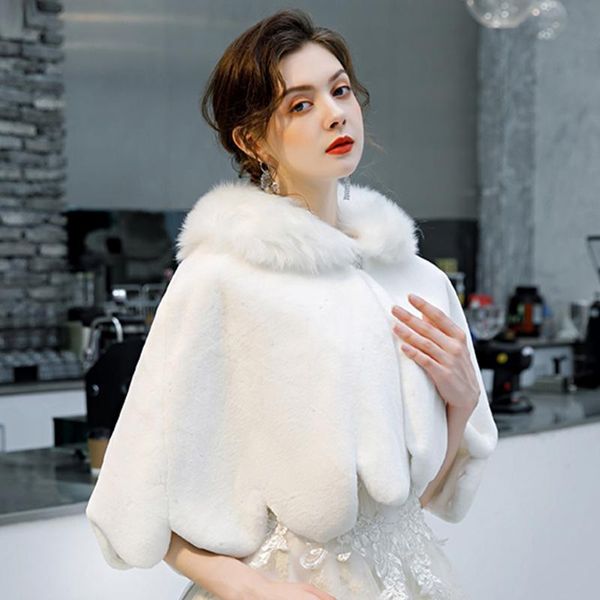 

wraps & jackets women wedding bridal cape winter warm faux fur wrap petal wave edge short cloak lady thick party cold-proof wind-proof shawl, White