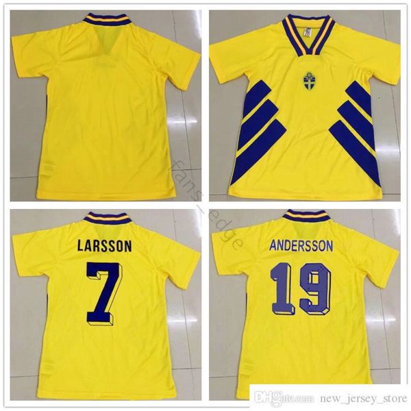 

1994 world cup retro version sweden soccer jerseys 10 dahlin 11 brolin 7 larsson 8 ingesson k.andersson 94 95 96 home yellow football shirts, Black;yellow