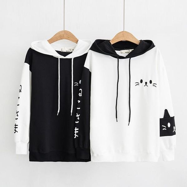 

women's hoodies & sweatshirts women cat graphic hooded long sleeve loose sweatshirt harajuku korean style cute for teen girls, Black