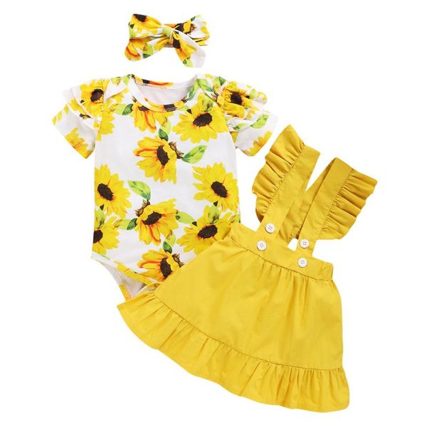 

born baby girl summer dress infant clothes sets short sleeve t-shirt sunflower suspnder skirt toddler girls outfits set clothing, White
