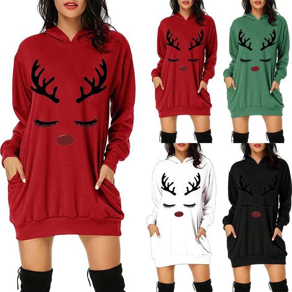 

christmas dress women fashion hoodie bag hip pocket elk print long sleeve winter vestidos invierno mujer casual dresses, Black;gray
