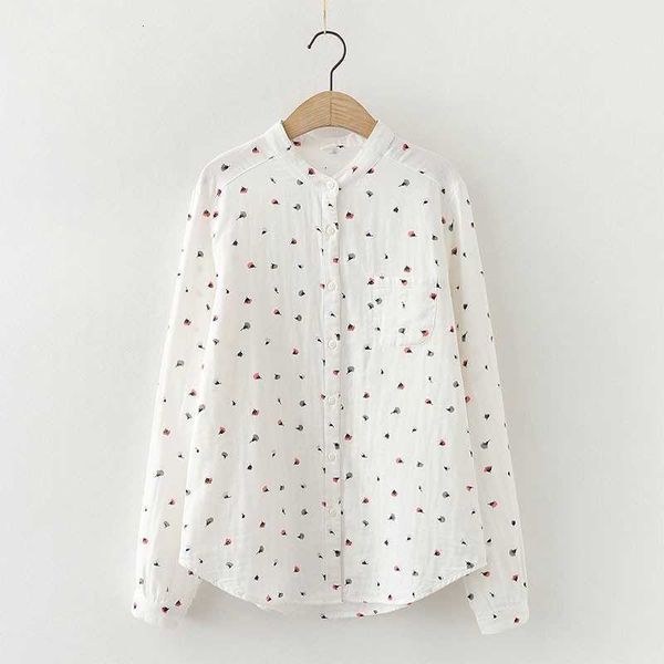 

women's blouses & shirts spring autumn arts style women long sleeve loose white shirt 100% cotton flower print casual co88