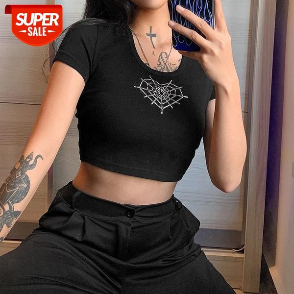 

fashion rhinestone cobweb pattern crop short sleeve round neck slim t-shirt female wild casual bare navel shirt #4h5j, White