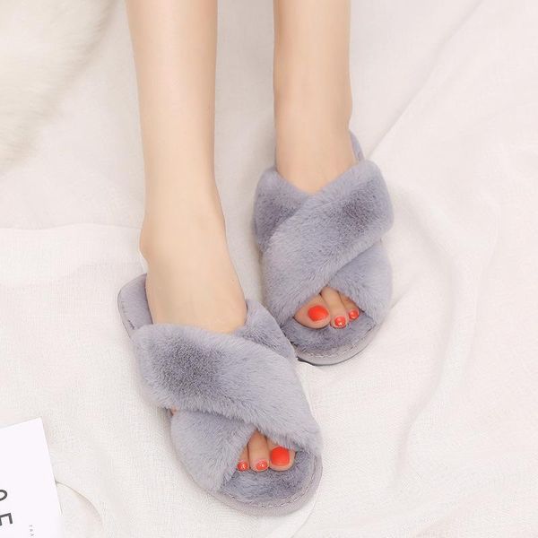 

warm faux fur crossed indoor slippers women house floor slides open toe plus size ladies flat shoes female furry slipper, Black