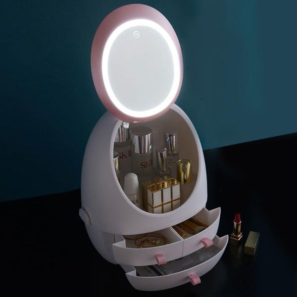 

bathroom storage & organization hd mirror led light cosmetic box jewelry makeup organizer usb charge case deskdrawer