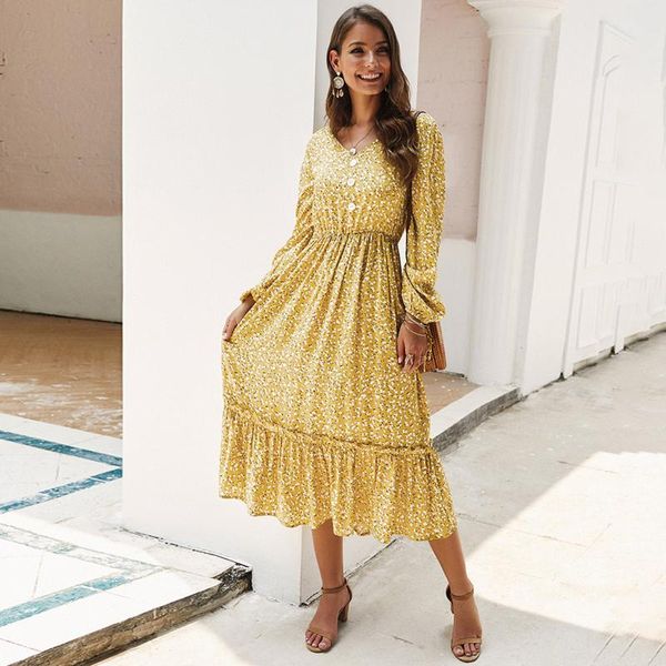 

casual dresses jastie floral print women dress spring 2021 v neck lantern sleeve slim vestidos boho beach vintage female midi, Black;gray