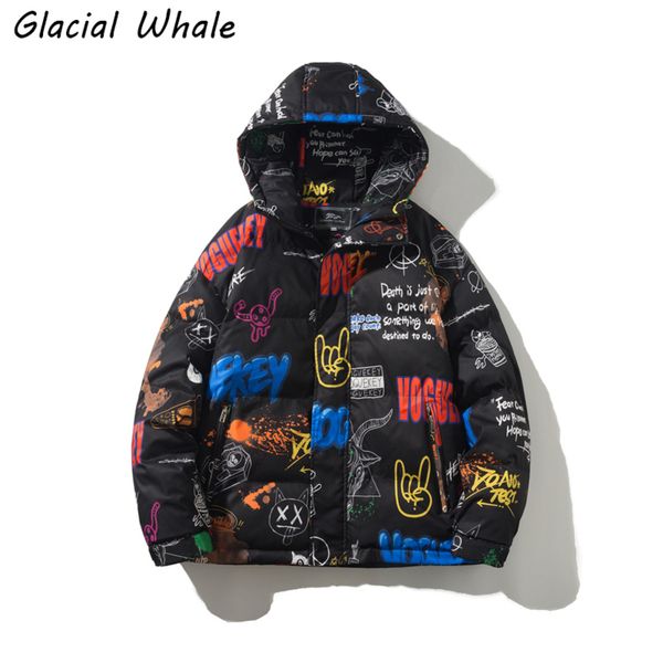 

glaalwhale - men's graffiti et, windproof hoodie, large street cloth, hip hop, black, winter 2021