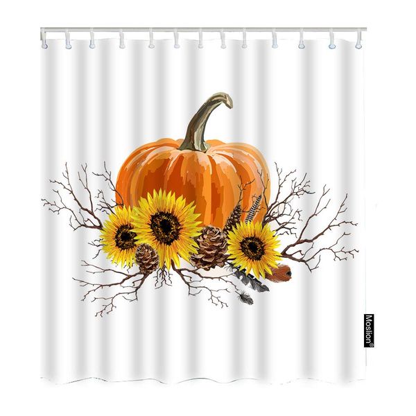

pumpkins and sunflowers shower curtain fall harvest feather pine cone tree branch funnyshowercurtain gift for bathroom