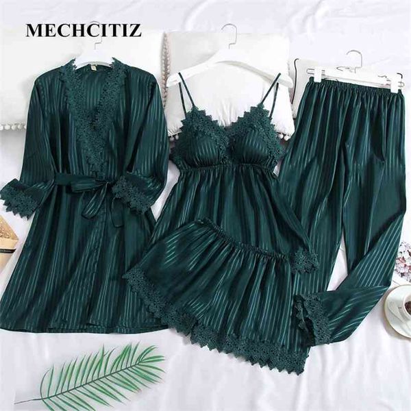 Mechcitiz Pijamas Cetim Mulheres 4 pcs Sleep Sleep Sleepwear Mola Lace Pijama Sexy V-Pescoço Kimono Bathrobe vestido de roundwear 210809