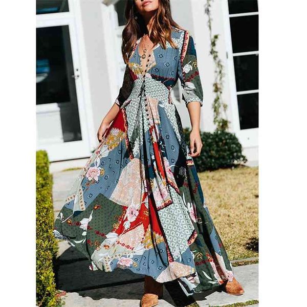 

summer boho women floral maxi dress vintage traditional print long beach holiday clothes 210513, Black;gray
