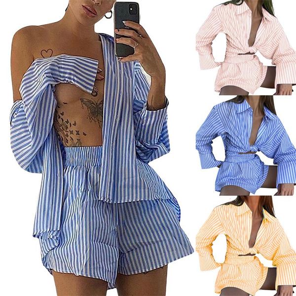

women's tracksuits 3 color women fashion 2pcs clothes set stripe printed turn-down collar +shorts female summer outfits, Gray