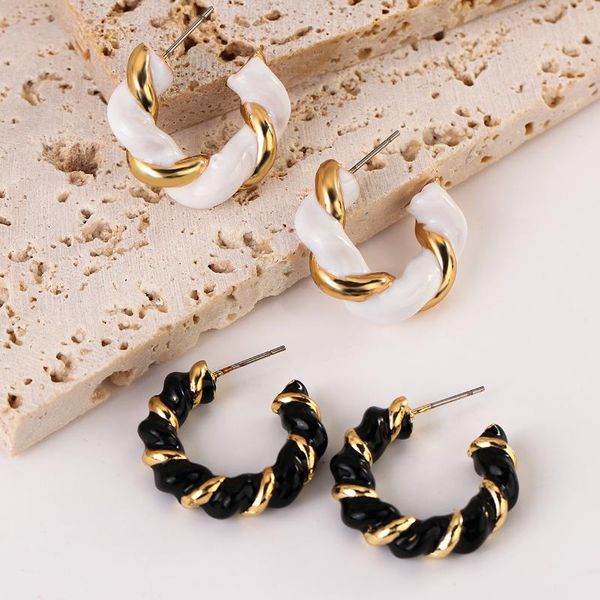

hoop & huggie lifefontier vintage enamel metal twisted weave earrings for women black white gold color geometric circel jewelry, Golden;silver