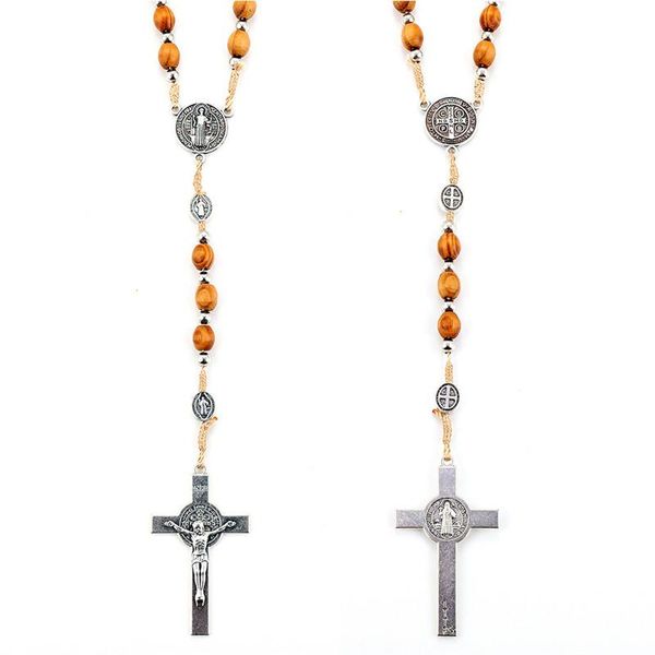 

pendant necklaces christian catholic religious for men women wooden beads rosary cross jesus necklace jewelry, Silver