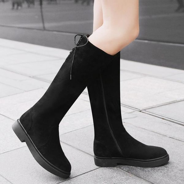 

boots oversized 9 10 12 women woman winter shoes botas rear cross strap side zipper flat heel, Black