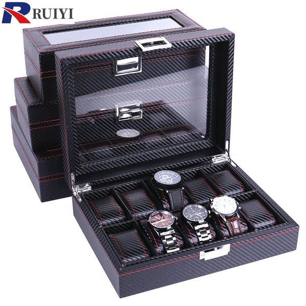 

watch boxes & cases high carbon fiber 5 6 10 12 grid box display storage bracelet slots case holder container, Black;blue