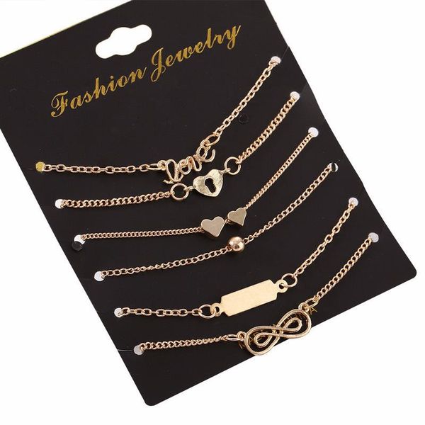 

charm bracelets 6 pcs/set fashion love heart set gold colortemperament summer jewelry beach anklet for women wholesale, Golden;silver