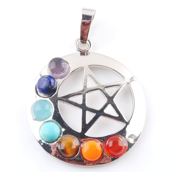 

wojiaer natural pentagram pendant gem healing reiki 7 chakra meditating figure choko charm beads jewelry for girls n3634, Silver