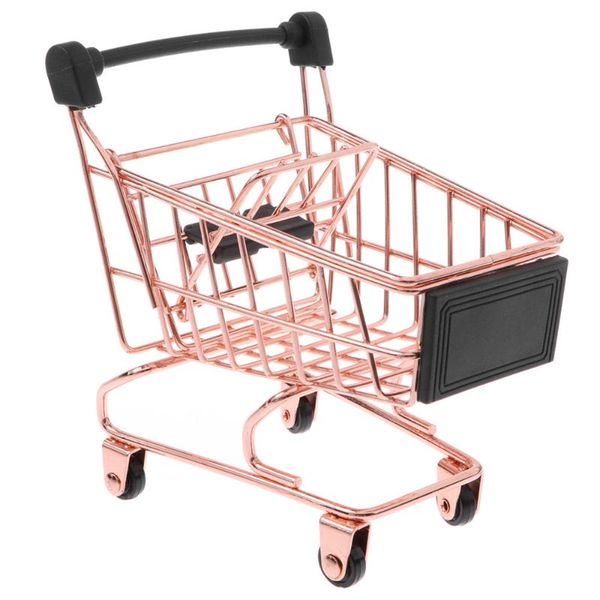 

mini rose gold shopping cart deskcosmetic brush small storage basket puff organizer metal trolley baskets