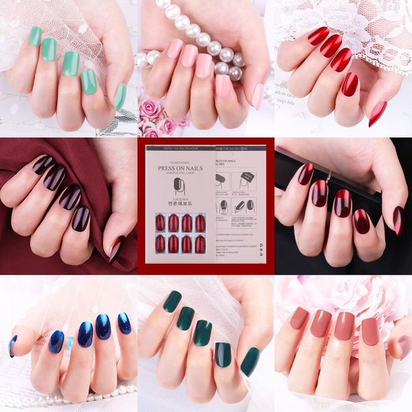 

24pcs/box fake nails art nail tips press on false with designs set full cover removable reusable patch solid color, Red;gold