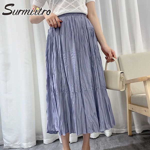 

surmiitro fashion spring summer midi long skirt women korean style sweet mid-length high waist pleated skirt female 210712, Black