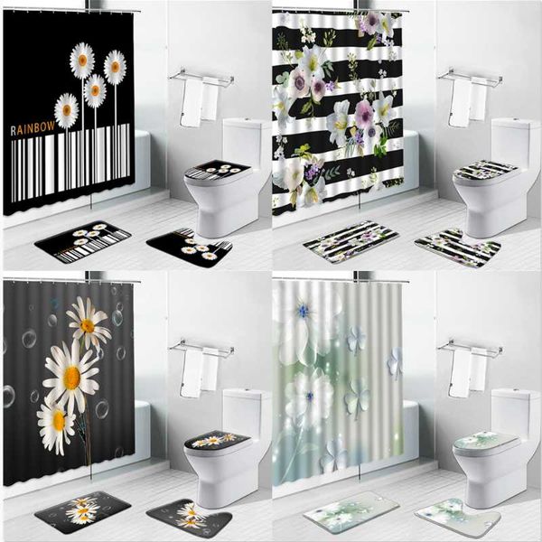 

shower curtains chic daisy flowers non-slip rug toilet lid cover bath mat black white stripes bathroom curtain luxury carpet set