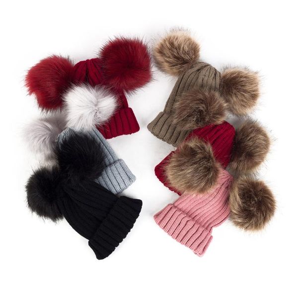 

caps & hats kids baby beanie hat cap boys girls winter warm double fur pom knitted bobble uk, Yellow