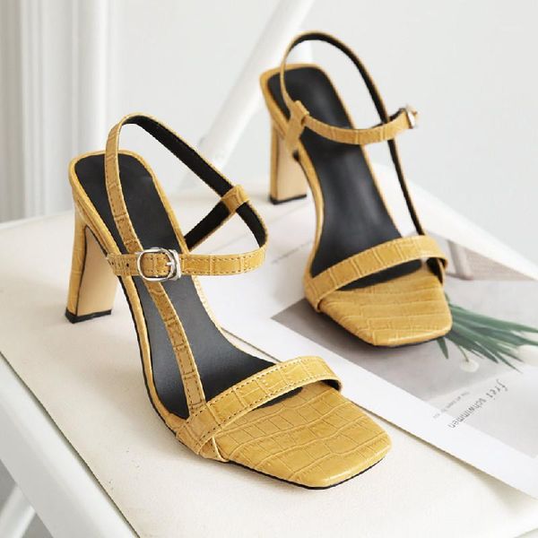 

sandals white high heels for summer narrow band heel vintage square toe concise ladies shes party1, Black