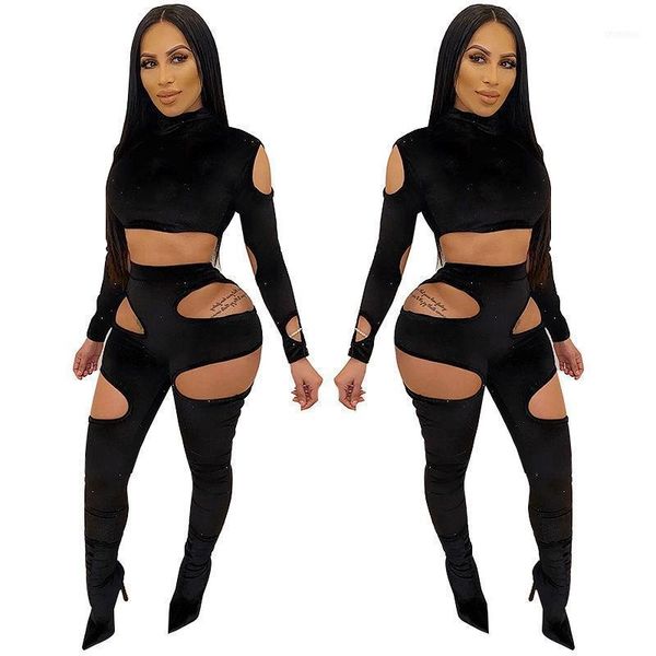 

women two piece set long sleeve crop and pants party night hollow out slim bodycon 2 club outfits1, Gray