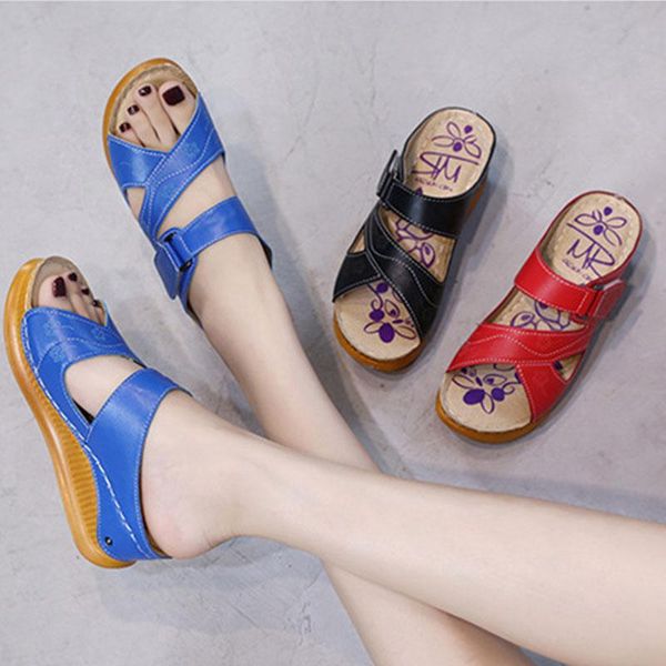 

dress shoes women wedge slippers sandals pure color pu leather thick bottom fashion wild ladies comfortable roman high quality, Black