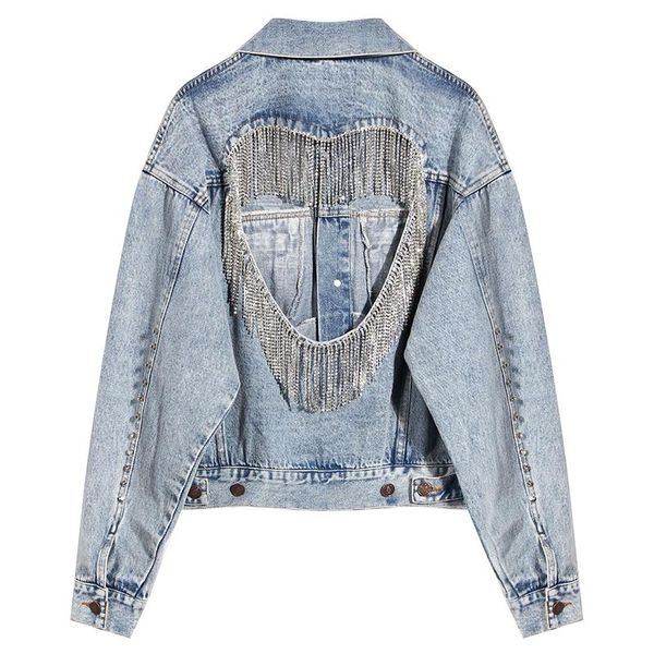 

women diamonds denim jacket spring autumn backless hollow out tassels jeans coat women's jackets, Black;brown