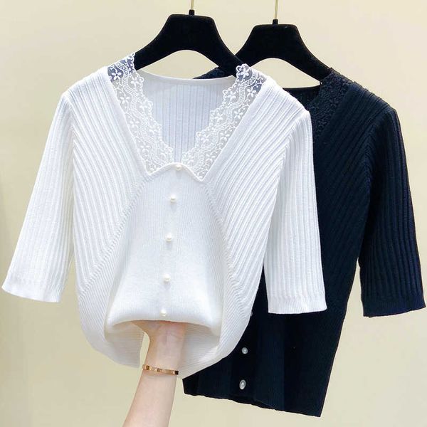 

t-shirt women summer short sleeve v neck lace patchwork button kintting basic thin oversized sweater pullover jumper 210604, White;black