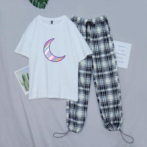 

harajuku plaid pants suits oversize women sleepwear wide leg trousers moon korean style high waist checkered pajama summer, Black;red