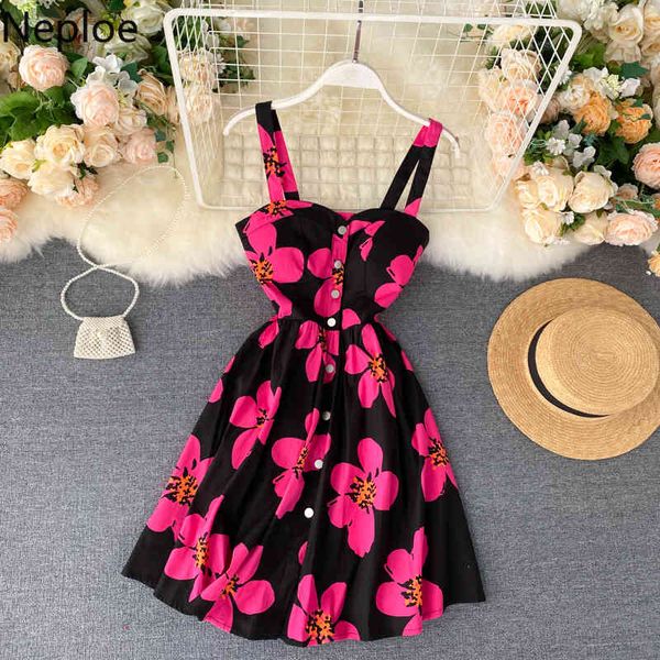 

neploe floral print dress women korean square collar spaghetti strap party dressees spring fashion buttons a line vestidos 210423, Black;gray