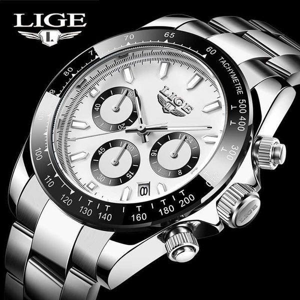 

sports wristwatch for man lige brand stainless steel waterproof clocks men watch military quartz wristwatch chronograph 210527, Slivery;brown