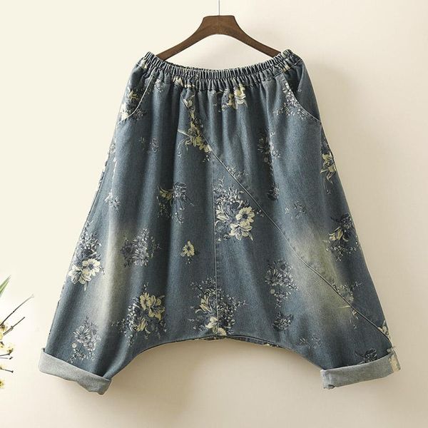 

women's jeans women baggy low crotch denim pants plus size elastic waist floral painted ripped hip hop harem trousers boyfriend oversiz, Blue