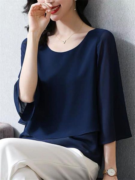 

women's blouses & shirts 10-color elegant three quarter-sleeved shirt o-neck loose large size chiffon solid plus -8xl, White