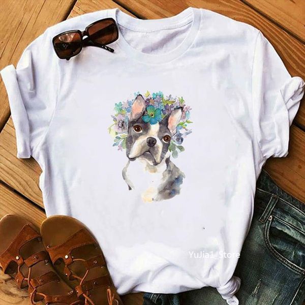 

watercolor flower french bulldog mens cat and women animal print cute summer clothes dog lover birthday casual tees, White;black