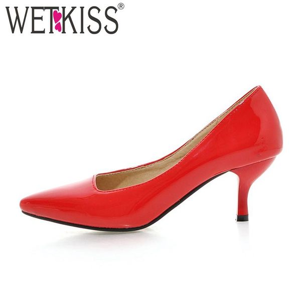 

dress shoes wetkiss 2021 autumn thin high heels women pumps patent pu fashion office ladies shallow pointed toe footwear big size 48, Black